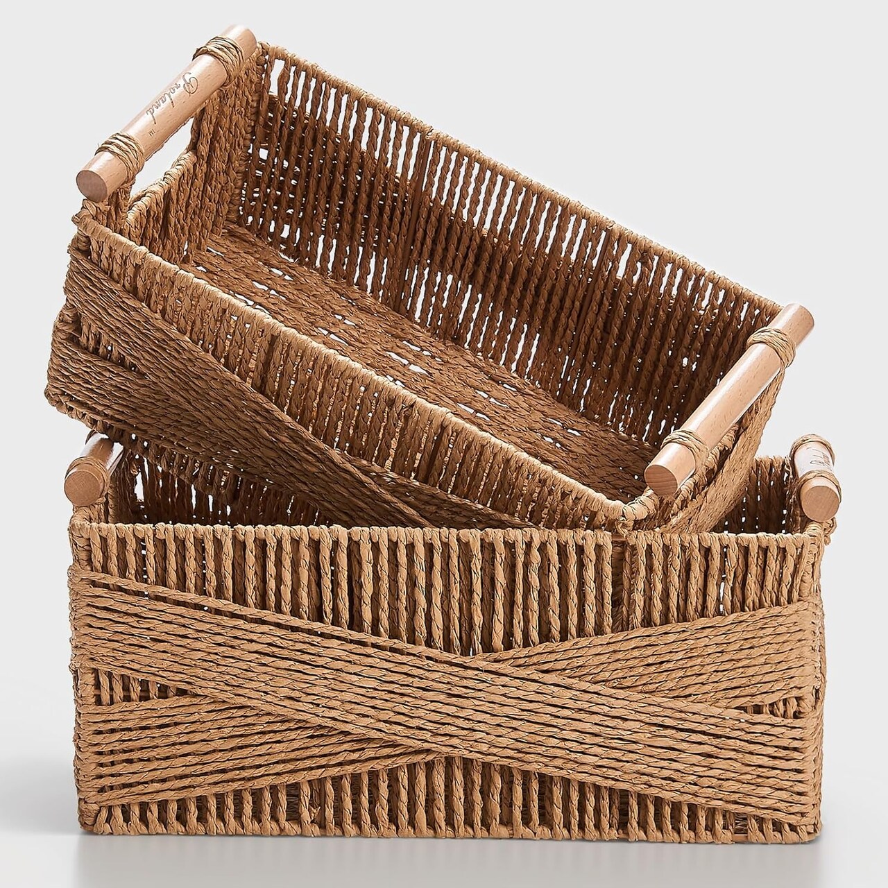 Storage Basket with Handle, Large Rectangular Wicker Basket for Organizing, Decorative Wicker Storage Basket Woven Basket Organizers for Living Room